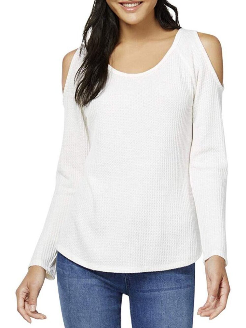 Self Esteem Womens Waffle Knit Cold Shoulder Top